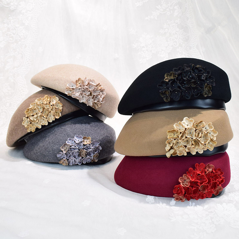 100% Wool Felt Flower Fascinator Beret Hat for Women display picture 1