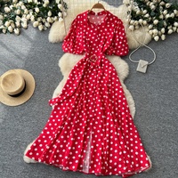 Robe longue décontractée pour femmes à pois, manches courtes bouffantes, coupe trapèze, avec ceinture et boutons, pour un usage quotidien