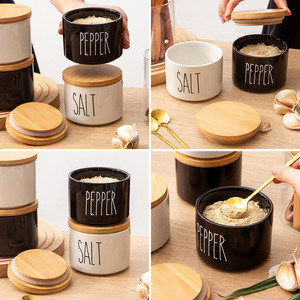 Tarros de especias nórdicos de cerámica con tapa de madera, blancos y negros, tamaño L, herméticos para uso en la cocina. - Product Image 3