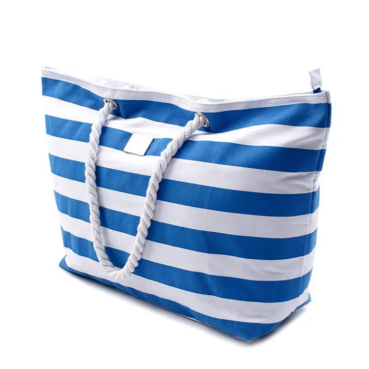 Wholesale Customized High Quality OEM Striped Knitted Cotton Canvas Tote Bags Shopping Bags Beach Bags With Rope Handle