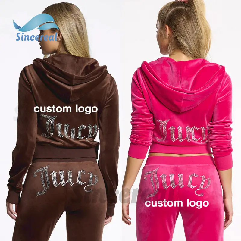 Повседневный бархатный костюм для бега Y2K с логотипом со стразами на заказ, комплект из 2 предметов, сочный велюровый спортивный костюм для женщин