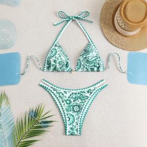 Blue and white porcelain floral print sports <b>bikini</b> backless swimsuit <b>set</b> - Product Image 1