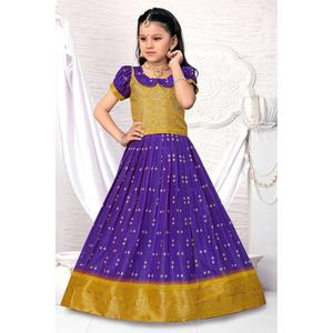 LOOK RICH DOLA SOIE JACQUARD TISSÉ TRAVAIL HAUT ENFANT LEHENGA VIOLET - Product Image 1