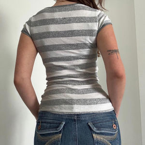 Camiseta de punto a rayas con bloques de color para mujer, cuello redondo, manga corta, estilo casual Y2K, camiseta de verano para mujer - Product Image 5