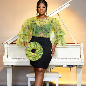 <strong>Plus</strong> <strong>Size</strong> Large Flower Skirt Print <strong>Mesh</strong> See Through <strong>Top</strong> Women 2 Pieces Set - Product Image 1