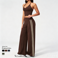 Ensemble de yoga 2 pièces uni pour femme, léger, respirant, anti-transpiration, avec crop top court et leggings taille haute élastiques en Spandex/Nylon pour la gym