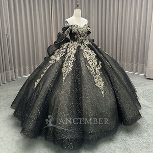 Elegante Vestido de Quinceañera Negro con Hombros Descubiertos LSMC54, Apliques de Encaje Metálico, Corpiño Transparente, Bordado, Cuentas, Lentejuelas, Estilo Natural - Product Image 2