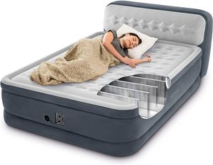 Cama de aire inflable doble alta para exteriores, cama de soplado rápido, colchón de aire plegable para acampar con cabecero, bomba integrada