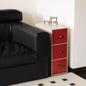 Red White Solid Wood <b>Narrow</b> Nightstand With <b>Storage</b> For Bedroom - Product Image 2