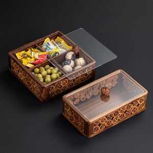 Plateau à fruits compartimenté en bois de noyer rectangulaire avec couvercle pour le rangement des collations, des bonbons, des accessoires pour la cérémonie du thé - Product Image 1