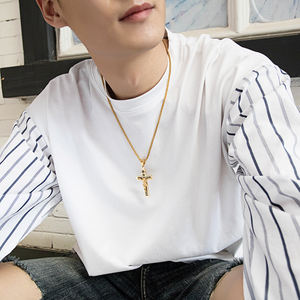 Luxe catholique Jésus <span class=keywords><strong>Christ</strong></span> sur <span class=keywords><strong>INRI</strong></span> plaqué or 22 pouces <span class=keywords><strong>croix</strong></span> Crucifix acier pendentif chaîne hommes collier bijoux religieux - Product Image 6