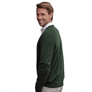 Pull en tricot à col en V vert foncé pour homme, manches longues, couleur unie, style automne - Product Image 3