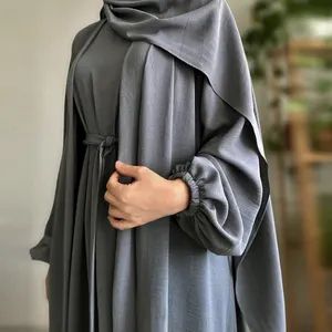 Eid Ramadan Muslim Women Open Abaya + Inner Maxi Dress Set Modest Fashion Wrinkle Dubai Islamic Arab Robe Kaftan Jalabiya Caftan