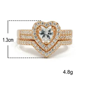 时尚婚礼新娘珠宝套装CZ纯银心戒指925订婚戒指女套