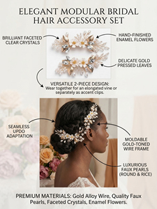 HS-J7526 Lot de 2 pinces à cheveux dorées pour mariée avec strass et perles, accessoires de <span class=keywords><strong>coiffure</strong></span> en forme de fleur et de feuille pour mariées, bal de promo - Product Image 5