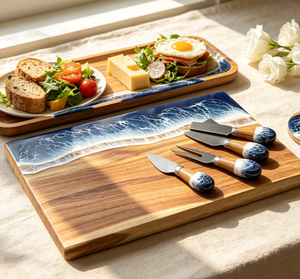 Tabla de Quesos de Madera de Acacia con Resina Efecto Olas del Océano, Tabla de Charcutería con Cuchillos para Queso y Posavasos, Plato de Madera para Servir, Ideal para Regalo - Product Image 4
