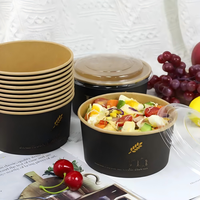 Bol à salade jetable rond en papier kraft noir imprimé avec couvercle, en film CPET, compatible micro-ondes, 1100 ml, vente en gros