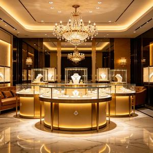 Vitrine de présentation de bijoux de luxe GZowin, ronde, dorée, haut de gamme, avec éclairage LED, dessus en verre, écologique, durable, pour usage en musée ou en magasin. - Product Image 6