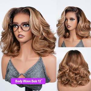 Perruque Bob pré-coupée en dentelle, ombrée marron chocolat avec mèches balayage, 13x6, sans colle, style Old Money, coupe courte ondulée - Product Image 1