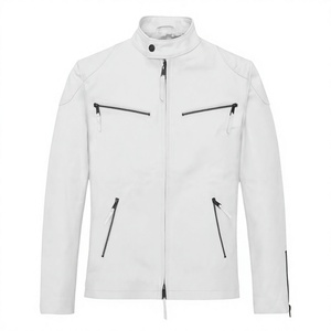 High Fashion White Men's Genuine Leather Biker <b>Jacket</b> with Zipper Closure <b>Waterproof</b> Breathable & Anti-Uv - Product Image 1
