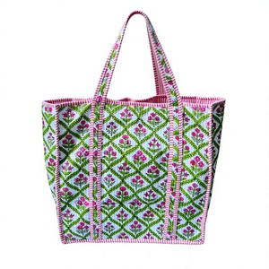 Grands sacs fourre-tout matelassés imprimés à la main floraux pour femmes Fermeture ouverte écologique Shopping Épicerie Voyage Plage Weekender Sac - Product Image 1
