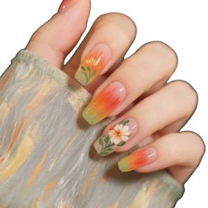 <span class=keywords><strong>Uñas</strong></span> postizas Sunset Watercolor, cuadradas cortas con degradado de naranja a verde y margarita pintada a mano, <span class=keywords><strong>uñas</strong></span> acrílicas artísticas. - Product Image 5
