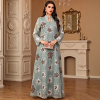Abaya pour femmes musulmanes, col en V, élégante, col montant, broderie florale à sequins et perles, manches évasées, robe longue en polyester pour soirée