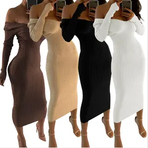 New Lady Maxi Dress Long Sleeve Slim Sweater Dresses Women Casual Plus Size Pure Long Tunic Bodycon Off Shoulder Dress