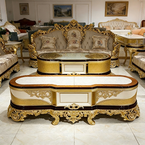 Set di Divani in Stile Reale Europeo, Arredamento per Soggiorno con Cornice Dorata Intagliata, Grande Set di Divani per Salotto - Product Image 5