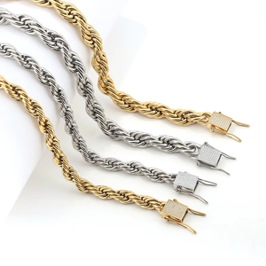 Unisex Men Women Hip Hop Twisted Rope <b>Chain</b> Necklace PVD 18K Gold Plated <b>Titanium</b> Steel Diamond Paved Clasp Jewelry - Product Image 1