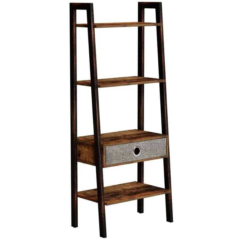 Modern Antique Design 4 Tier Metal Wooden Bookcase, Folding Decorative Industrial Metal Wood Ladder Book Shelf, Wood BookShelf