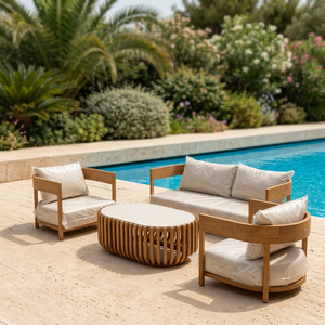 Ensemble de canapé d'extérieur en bois de teck avec table basse à lattes, ensemble de meubles de patio avec coussins beiges - Product Image 2