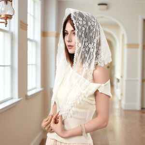 Elegante chal para mujer, <span class=keywords><strong>velo</strong></span> de boda, chal para iglesia, pañuelo triangular de encaje calado con rosas bordadas y borlas - Product Image 4