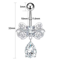 Nouveau piercing de nombril en forme de nœud papillon et de goutte d'eau avec zircon en forme de cœur et clou de nombril en opale