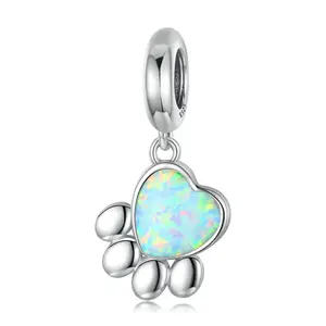 Puppy Dog Paw Dangle Charms 925 Sterling Silver Opal Dog Pet Animal Footprint Charm for DIY Charms Bracelet