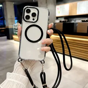 Colorful Frame Design Phone Case With Phone Lanyard For Iphone 15 Clear Magnetic Cell Phone Cover For IPhone 11 12 13 14 15