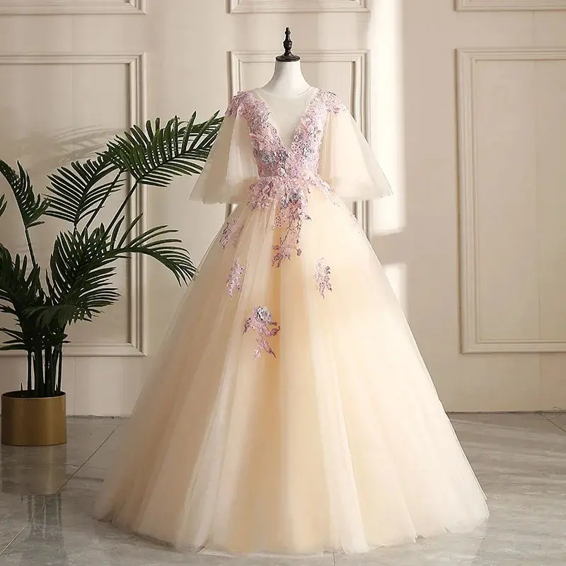 ZX-2395 nouvelle robe de performance solo en V profond robe de mariée colorée