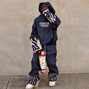 YSJY Set <span class=keywords><strong>di</strong></span> <span class=keywords><strong>Giacca</strong></span> e Pantaloni in Denim Lavato e Ricamato, Abbigliamento <span class=keywords><strong>Oversize</strong></span> Streetwear Personalizzato per Uomo - Product Image 5