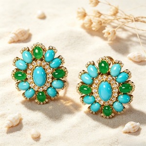 Orecchini a clip vintage con pietre turchesi floreali, gioielli per le orecchie con pietre intarsiate colorate per occasioni di cerimonia - Product Image 1