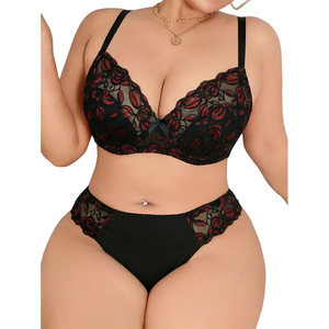 Retro red and black rose <b>lace</b> plus size lingerie, push-up, high <b>elasticity</b>, breathable, lightweight mesh plus size lingerie. - Product Image 4