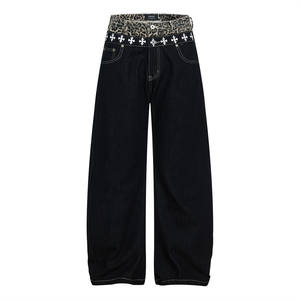 Jeans Femme Américain Rétro Décontracté Style Urbain Vintage Motif Léopard Étoile Patchwork Denim Coupe Droite Été Lacets Courbes - Product Image 5