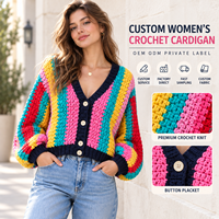 Cardigan en crochet personnalisé pour femme, motif arc-en-ciel, boutons sur le devant, manches longues bouffantes, manteau en tricot pour un style décontracté au quotidien