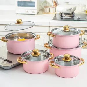 10個のピンクの鍋と鍋鋳鉄キャセロール調理鍋セット台所用品ステンレス鋼鍋ノンスティック調理器具セット