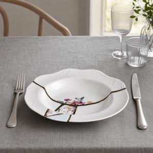 Assiette en porcelaine blanche style Kintsugi, réparation dorée, motif floral, pour l'hôtellerie - Product Image 3