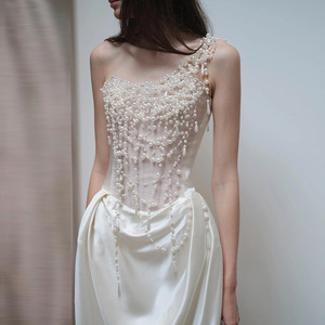 French Tube Top Evening Gown Bride Special Interest Light Luxury Satin Wedding <strong>Veil</strong> Heavy Industry Pearl <strong>Dress</strong> - Product Image 2