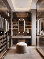 Système de dressing moderne de luxe avec portes en verre teinté et cadre en aluminium pour chambre principale