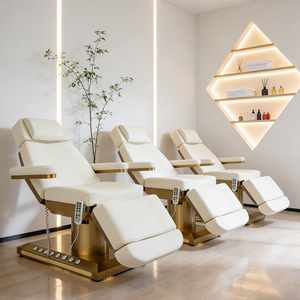 Table de massage de luxe en acier inoxydable doré avec base blanche, 4 <span class=keywords><strong>moteurs</strong></span> électriques réglables, lit de beauté pour extensions de cils - Product Image 2