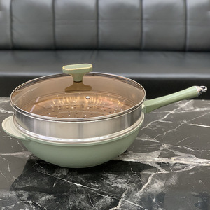 Green Alloy Non-Stick Wok 32cm Maifan Stone Flat Bottom With Lid Steam Basket Multifunctional Cooking Pan - Product Image 1