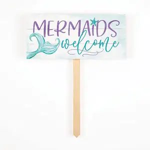 Mermaids Welcome Nautical Blue 12.5 x 10 Pine Wood Yard Sign with Stake