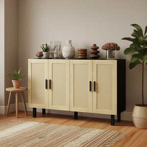 Armoire bohème noire et en rotin naturel, 4 portes, étagères réglables, meubles de salon - Product Image 2